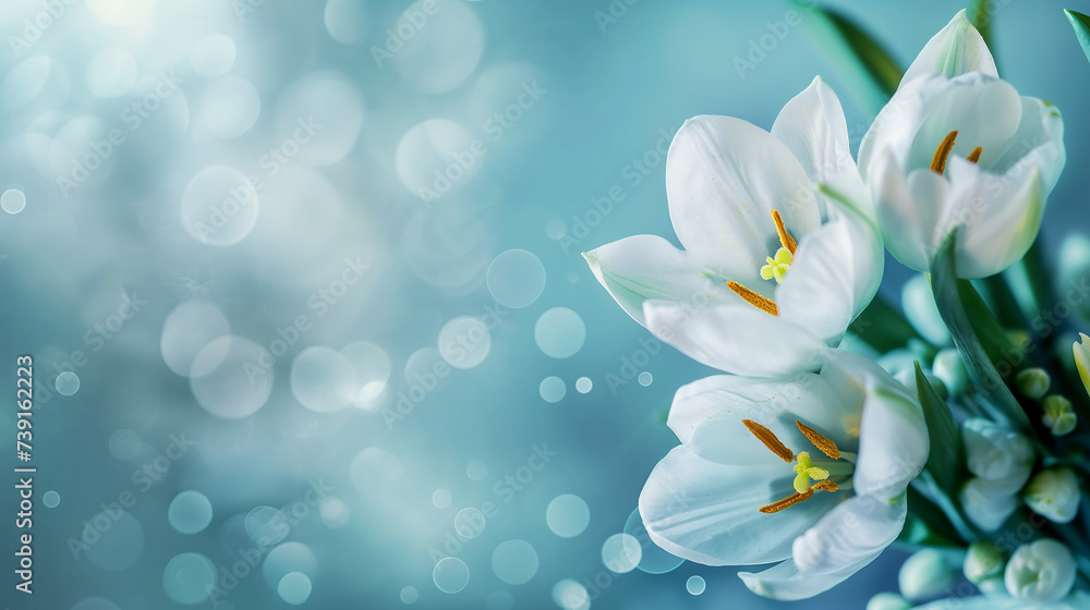 Fototapeta premium Close up of spring flowers on blured light blue background, Spring background for banner or card. Generative AI