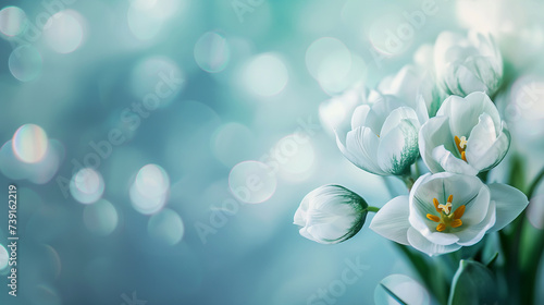 Close up of spring flowers on blured light blue background  Spring background for banner or card. Generative AI