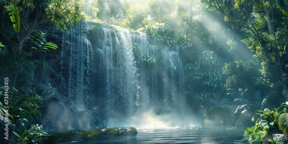 Enchanting waterfall in lush natural forest serene landscape where water cascades over rocks amidst green foliage creating tranquil travel destination perfect for outdoor photography and environmental - obrazy, fototapety, plakaty 
