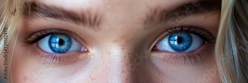 Close-up portrait of young beautiful woman's blue eyes looking at camera. Macro face of gorgeous blonde caucasian female.