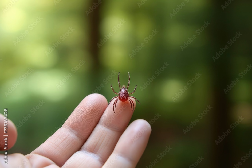 Small spider on a man's hand, tick in spring