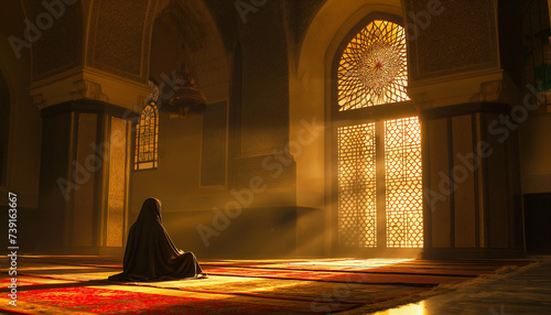 Serene Reverie in Mosque:  A solitary figure kneels in prayer within the sunlit interior of a historic mosque, emanating a sense of inner peace and spiritual devotion.