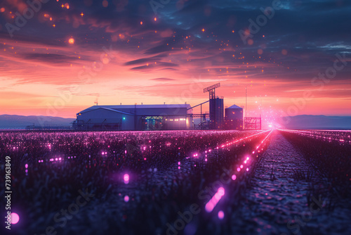 Futuristic farm with purple lights under twilight sky