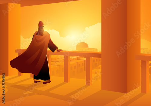 Biblical vector illustration series, featuring the iconic King David atop a rooftop, gazing upon the ancient city of Jerusalem