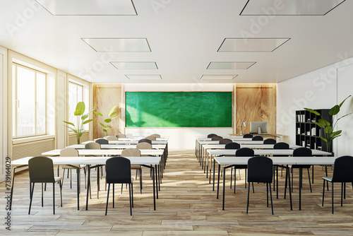 Spacious modern classroom interior with a large green chalkboard and natural light. 3D Rendering