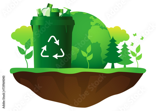 Eco consciousness image, recycle symbol trash bin full with plastic waste, decorated with graphic illustrations of the Earth and green plants, the urgency of recycling and environmental stewardship