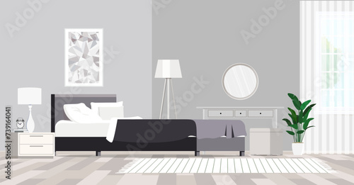 Stylish bedroom interior with large comfortable bed and dressing table