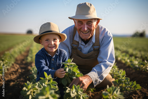 Grandfather and grandson in soybeans field