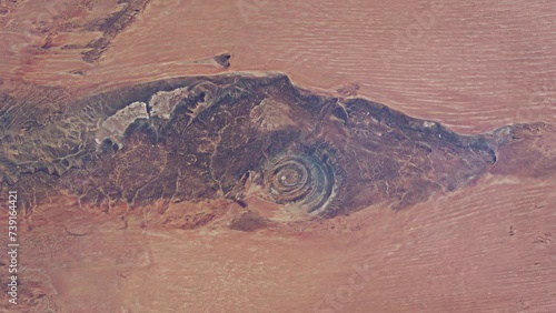 High altitude aerial drone bird's eye view of the Richat structure. Mauritania in the Sahara desert. Africa