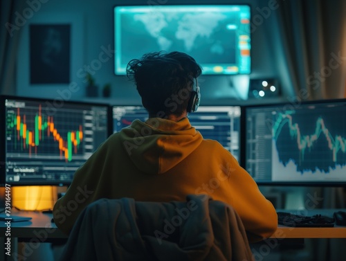 A person trading cryptocurrency on a computer, with multiple screens displaying market data and trading platform