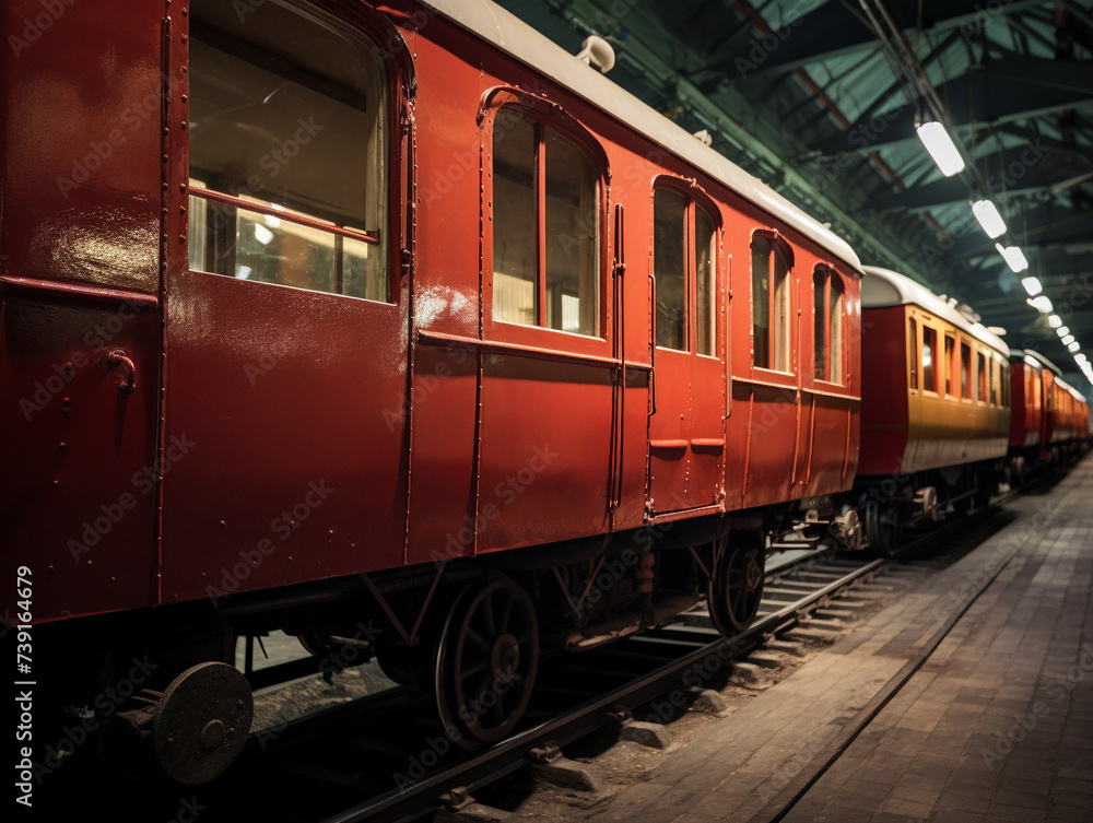 A museum display of vintage railway carriages or wagons, showcasing the history of transportation.
