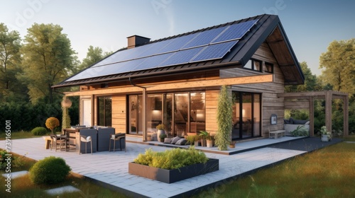 Modern eco wooden house with solar panels on the roof © Naturalis