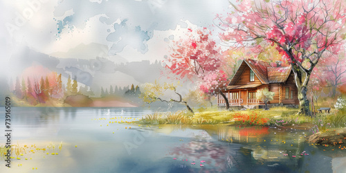 Cozy house with spring pink flowers and pond. Watercolor illustration.