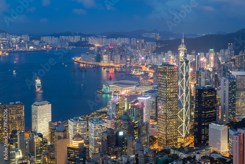 Photography view by night from Victoria peak to the skyline and harbor of Hong Kong with spectacular skyscraper scene