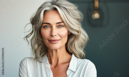 Portrait of a radiant mature woman with elegant grey hair and a warm smile, wearing a white blouse, symbolizing grace, confidence, and timeless beauty