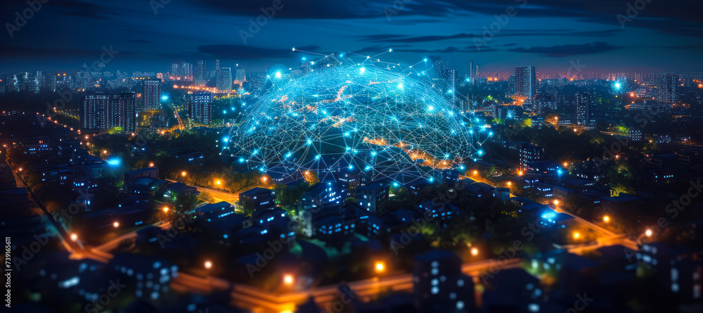 Smart City Concept with Digital Network Over Residential Area, Futuristic Urban Landscape with Connected Homes and Advanced Technology Infrastructure