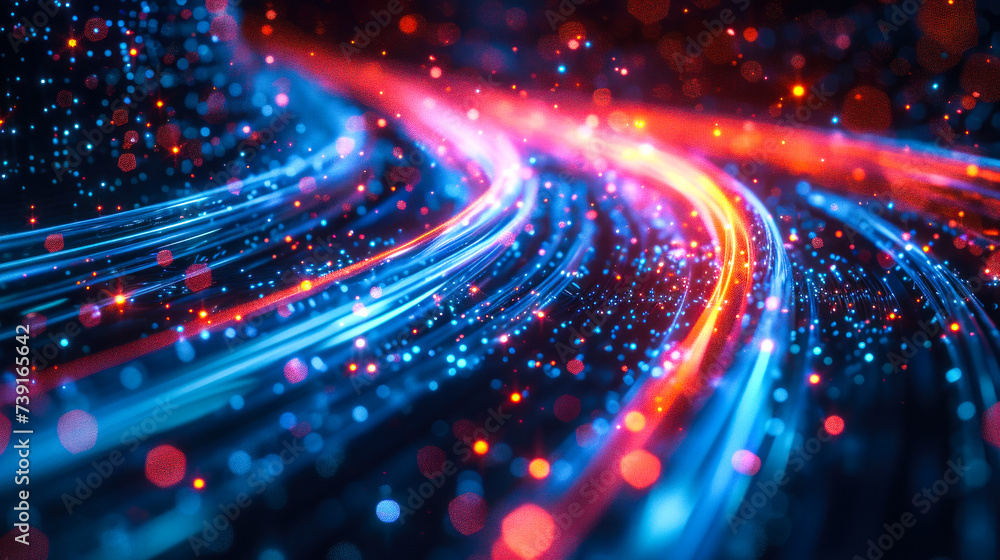 Abstract high-speed technology concept with flowing digital data and light trails on dark background, representing connectivity and information flow