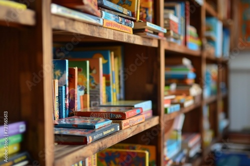 : A bookshelf with books, puzzles, and games for kids of various ages.