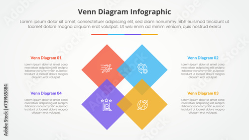 venn diagram infographic concept for slide presentation with diamond rotated square on center with 4 point list with flat style