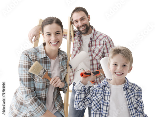 Obraz na plátně Happy family renovating their home