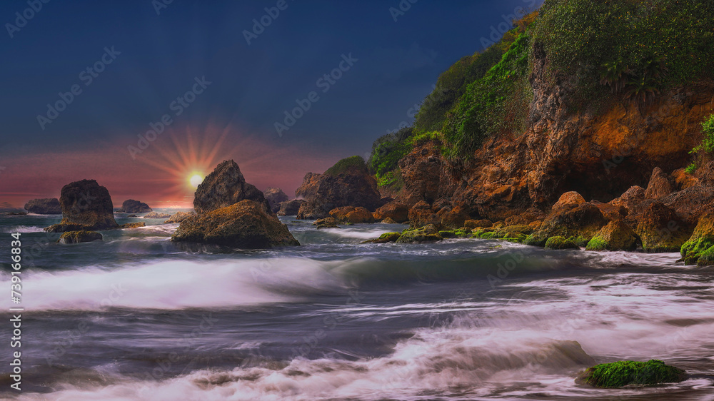 Stunning,amazing view and beautiful rocky coast,cloudy sky at sunset in  Xiziwan Mystery,Kaohsiung ,Taiwan.For branding,calender,postcard,screensave,wallpaper,poster,cover,website.High quality photo