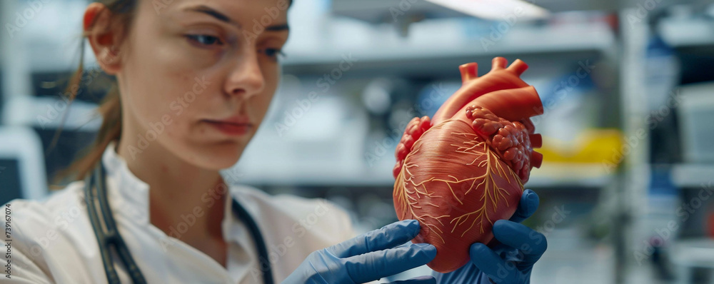 3D printed human heart model being examined by a medical professional ...