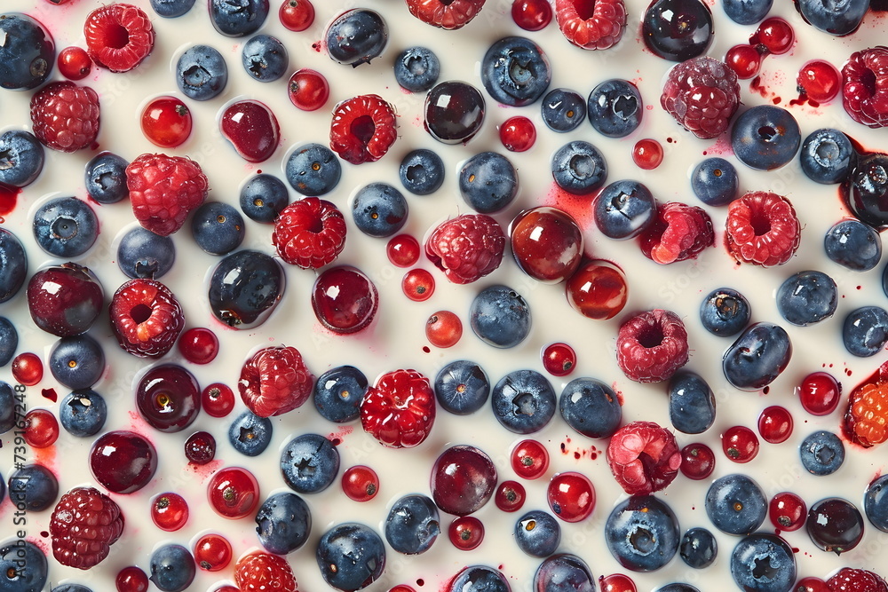 blackberries, redcurrants and blackberries on a cream, top view blackberries, redcurrants and blackberries on a cream, top view