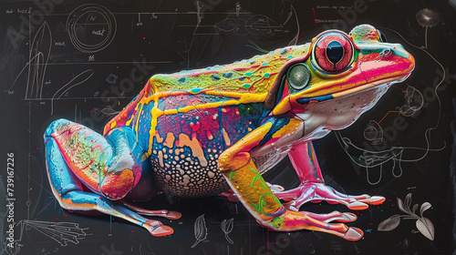 Anatomy poster of a frog vibrant chalk on black detailed in the educational styles of Sougy and Haeckel with alien flora accents photo
