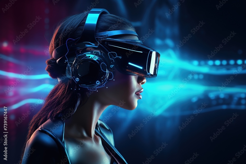 A young woman, portrait, using a virtual reality headset in neon light. Virtual reality, the future, gadgets, technology, online education, study, the concept of video games. A young woman, portrait, using a virtual reality headset in neon light. Virtual reality, the future, gadgets, technology, online education, study, the concept of video games.