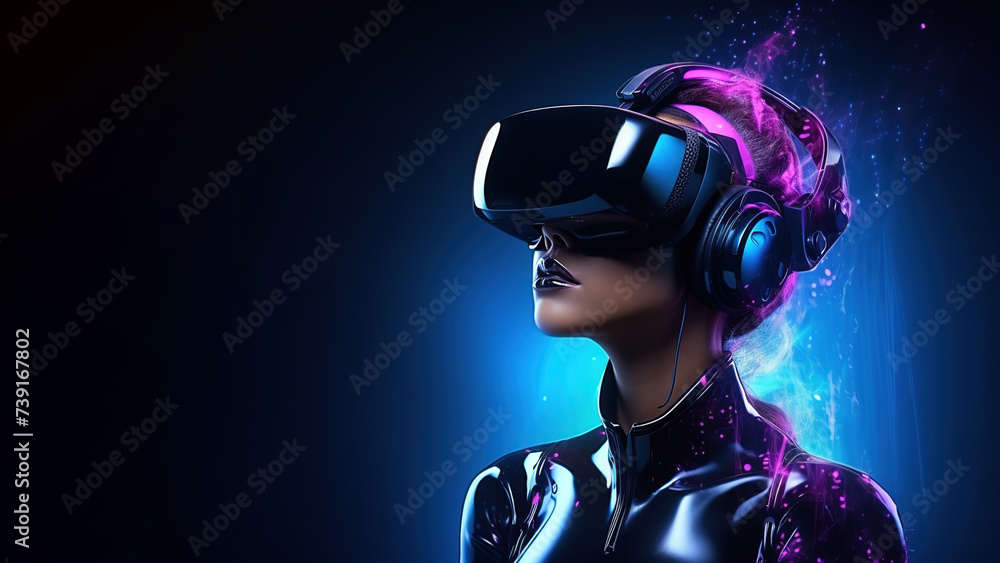 A young woman, portrait, using a virtual reality headset in neon light. Virtual reality, the future, gadgets, technology, online education, study, the concept of video games. A young woman, portrait, using a virtual reality headset in neon light. Virtual reality, the future, gadgets, technology, online education, study, the concept of video games.