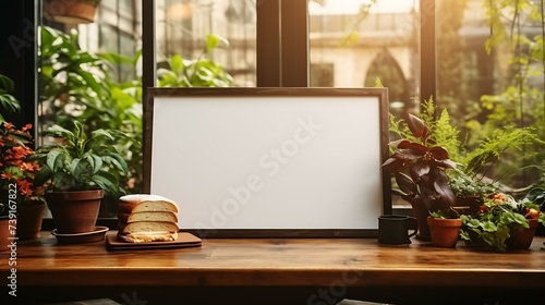 Tabletop mockup menu with a wooden frame for writing or merchandise, Generative AI.