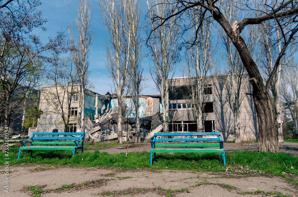 destroyed and burned school in the city Russia Ukraine war