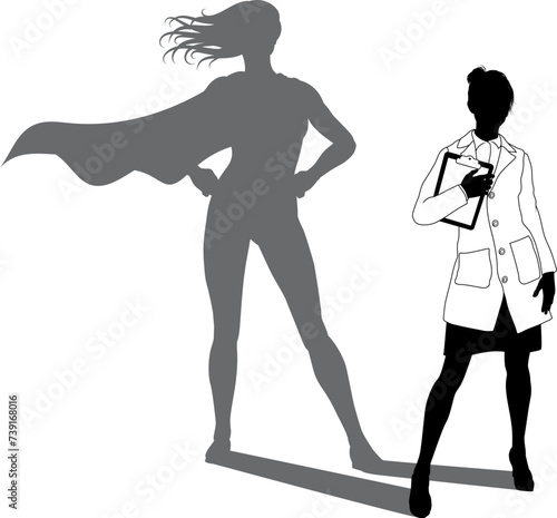 A superhero female scientist, engineer, doctor or teacher in a lab white coat woman. Revealed by her shadow silhouette as a super hero in a cape.