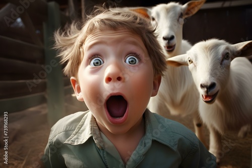 A Boy's Cry Echoes in Petting Zoos or Farms. Concept Emotions, Wildlife, Childhood Memories, Farm Animals photo