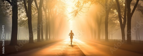 Beautiful woman running early morning sunrise, workout on misty mountain road workout jog. Runner athlete. Fitness and workout wellness. Healthy life and sport concept