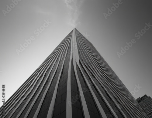 A low-angle perspective of futuristic buildings office skyscraper featuring curved glass window