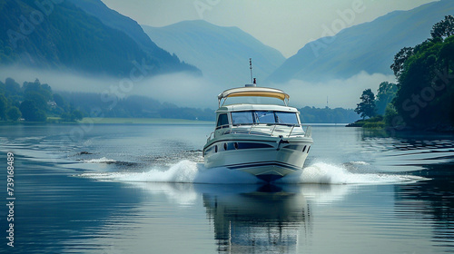 Majestic cabin cruiser on a serene exclusive lake showcasing the pinnacle of luxury and tranquility photo