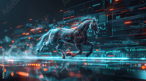 A holographic horse sprinting across a futuristic cityscape with embedded cryptocurrency graphs displaying market speeds and trends