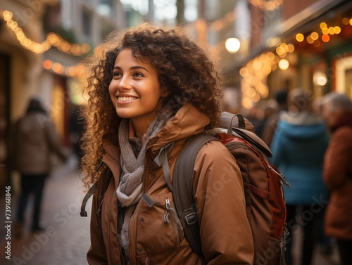 A Smiling Woman with a Backpack in a Busy Evening Street Scene