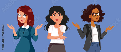 Puzzled Woman Thinking of Question Vector Illustration. Confused undecided people feeling unable to decide 
