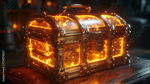 Vintage treasure chest integrated with AR interfaces shimmering under a hi tech spotlight photo