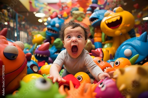 The baby is screaming in Indoor play areas . Concept Parenting, Indoor activities, Dealing with tantrums photo