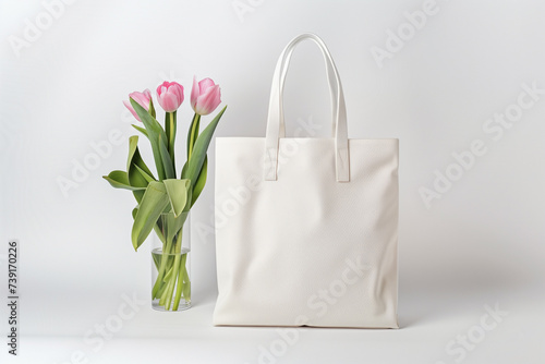 Blank white shopper tote bag mockup, white background, pink tulips #739170226