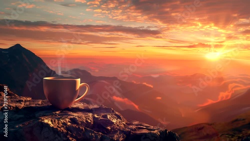 A cup of coffee on the mountain at sunrise. seamless looping 4k time-lapse animation video background photo