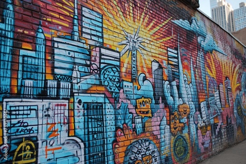  A graffiti mural of a city skyline with various symbols and words.