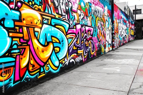 : A graffiti wall with various words and symbols in bright colors.
