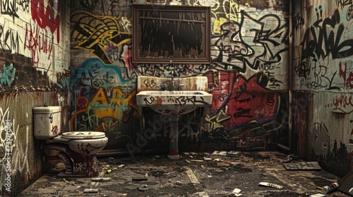 Rebellious Urban Graffiti: Colorful Street Art on Gritty Bathroom Vanity in Edgy City Setting © Sascha