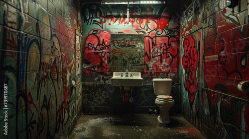 Rebellious Urban Graffiti: Gritty Bathroom Vanity Tagged with Edgy Street Art in Modern City Setting © Sascha