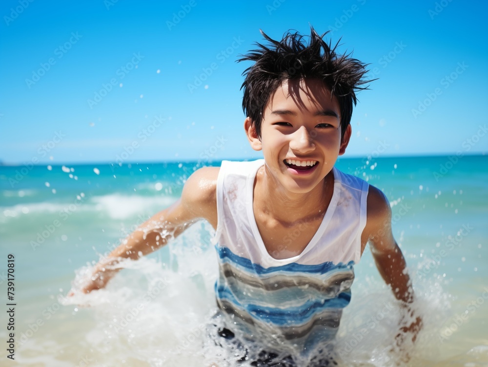 Boy Splashing in the Ocean Waves on a Sunny Beach Day
