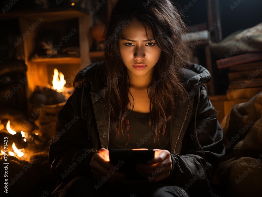 A woman using her phone by a campfire at night in the woods. A woman using her phone by a campfire at night in the woods.